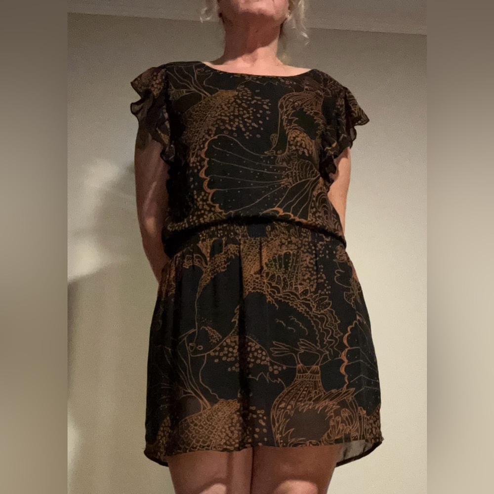 Mimi Chica dress with bird/peacock pattern, size M